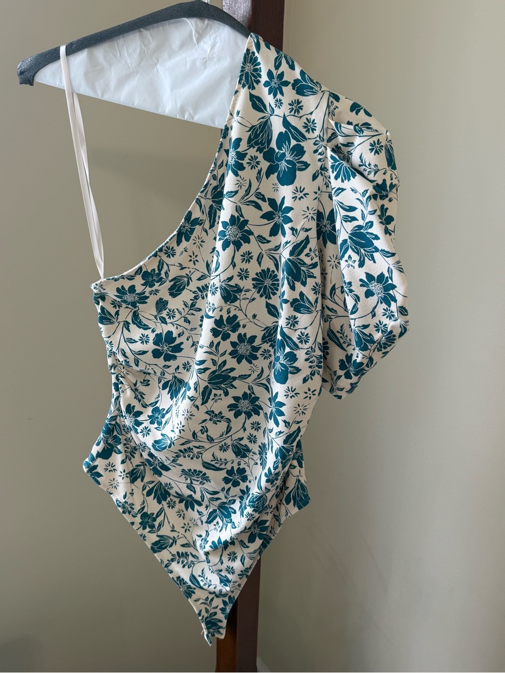 Free People Cream and Teal Floral One-Shoulder Bodysuit